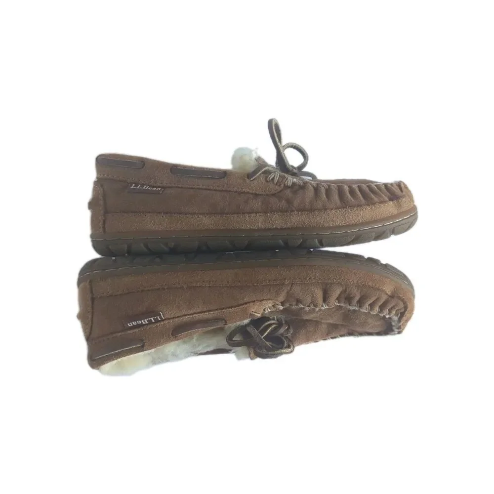 LL Bean Wicked Good Camp Moccasins  Big Girls 2 Shearling Fur Slippers Tan